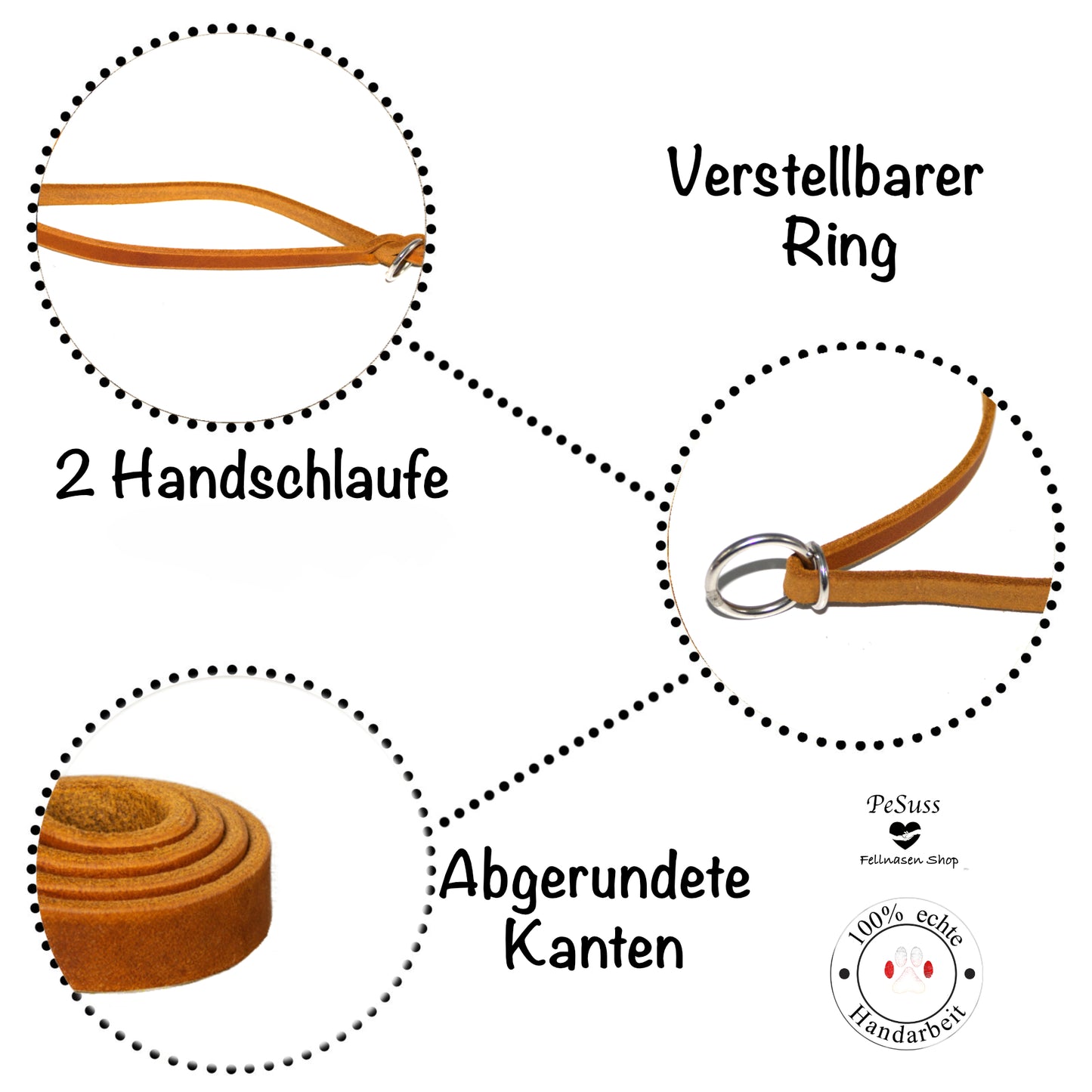 Stufenlos verstellbare Fettlederleine mit 2 Schlaufen